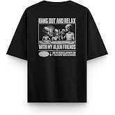 Overoz Siyah Oversize Tshirt Alien Party Sırt Baskılı T-shirt Oversize Yazılı Unisex Tiş&ouml;rt 1229