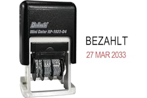 XUDUVAY Datumsstempel mit Standardtext "BEZAHLT" und Datum, Dual-Farben Stempel für Bürobedarf, Bänderlaufzeit 12 Jahre(2024-2035), Schrifthöhe 4,8 mm, 4 mm Kissen rot/schwarz Eingang