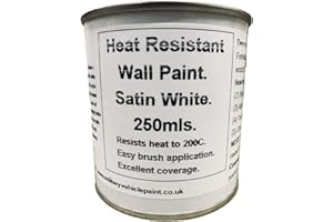 FASCINATING FINISHES LTD 1 x 250ml Satin White Heat Resistant Wall Paint. Wood Burner Stove Alcove. Brick, Concrete, Plaster, Cement Board, Rendering, Metal, Timber etc.