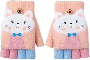 BNOYONERAS Guanti Senza Dita per Bambini, Guanti a Mezza Dita per Bambini, con Motivo a Fumetto, per l'inverno, Guanti a Maglia, Guanti Senza Dita Invernali con Flip Top, per Bambini 7-9 Anni (Rosa Viola)