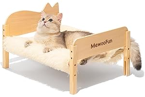 MEWOOFUN Raised Cat Bed Hammock, Wooden Stackable Cat Beds for Indoor Cats - Cat Furniture with Removable Soft Plush Cover, Elevated Cat Sleeping Bed Sofa for Kittens/Puppy/Rabbit,White,55x41cm
