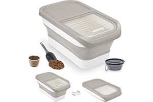 Druuzyl Conteneur à Croquettes pour Chien/Chat 5KG - Boîte de Stockage Pliable avec Cuillère et Tasse à Mesurer,Bowl pliable pour chien, Gris, Seau Hermétique pour Nourriture et Friandises Animaux