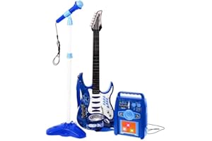 BAKAJI Chitarra Elettrica con Microfono Karaoke e Cassa Amplificatore AUX MP3 Giocattolo Bambini con Luci Effetti Sonori Musicali Musica Demo Tracolla e Asta Regolabile (Blu)