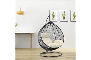 SHINE PLANET Rattan Swing Egg Chair Garden Swing Chair Patio Hanging Chair Indoor/Outdoor Hanging Hammock with Cushion (Black Egg Chair & White Cushion)