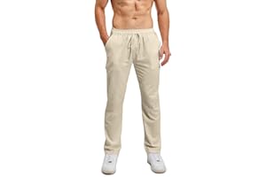 Lanckeli Pantaloni Lino Uomo Estivi Pantaloni da Yoga da Spiaggia con Coulisse, Pantaloni Lunghi Casual Allentati e Leggeri.