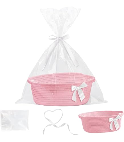 Set 2 Cestini Regalo Vuoti Intrecciati In Cotone – Con Sacchetti E Nastri – Per Baby Shower, Compleanni, Natale – 32x22x12cm