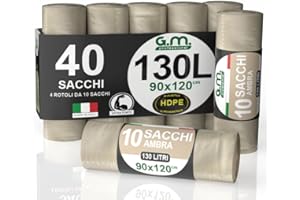 G.M. DISTRIBUZIONE GM 40 Sacchi Ambra Trasparenti Grandi Resistenti misura 90x120 cm in Plastica HDPE, 130 litri, Sacchetti indifferenziata, Buste spazzatura, Bustoni immondizia condominiali, 4 Rotoli da 10 Buste