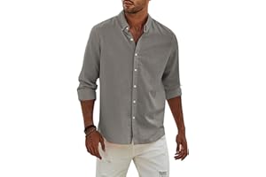 APOONABA Camisa Lino Hombre Manga Larga Color Sólido Shirts Casual Algodón Camisetas Elegante Coton Camisas con Botónes Regular Fit