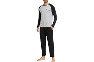 MoFiz Męska piżama, długi zestaw dwuczęściowy, miękki strój domowy, okrągły dekolt, długi rękaw, koszulka i długie spodnie piżamowe, bielizna nocna, strój rekreacyjny z kieszenią na piersi