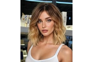WOKESTAR Bob Curly Wig with Fringe, Short Synthetic Wavy Wigs for Women Blonde with Dark Roots Color