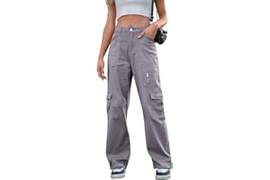 IVIR Cargo Pants Women High Waist Wide Leg Casual Pants with 7 Pockets Stretchy Drawstring Baggy Y2K Trousers