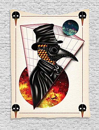 ufdinhaha Trippy Art Decor Tapestry, Crow Mask Figure with Abstract Forms on Fractal Planet Earth Concept, Wall Hanging for Bedroom Living Room Dorm, 40WX60L Inches, Orange Black