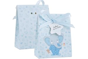 BETESSIN 50pz Scatoline Bomboniere Battesimo Bambino Nascita Portaconfetti con Bigliettini Nastro Scatole Elefante Blu Carta Regalo Decorazione Confetti per Festa Battesimo Nascita Compleanno