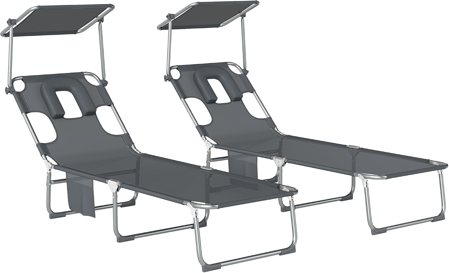 Outsunny Set de 2 Tumbonas Jardín Exterior, Tumbonas Plegables con Reposacabezas, Dosel 360°, Orificio Facial, Bolsillo Lateral, Respaldo Reclinable 5 Posiciones y Textilene 550 g/m² para Playa, Gris