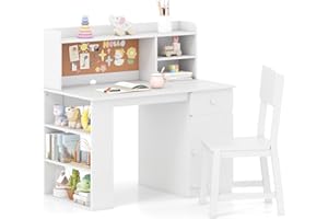 GYMAX Kids Desk and Chair Set, Children Writing Table with Drawer, 3-Tier Shelf, Cork Board, Cable Hole & Storage Cabinet, Wooden Study Desk Set for 7 Years Old+ Boys Girls, 105x60x103cm (White)
