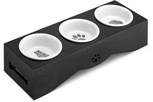 Navaris 3X Ciotole con Portaciotola - Ciotoline in Ceramica Supporto Rialzato Legno bambù Nero - Scodelle Rialzate per Animali Domestici Cani Gatti
