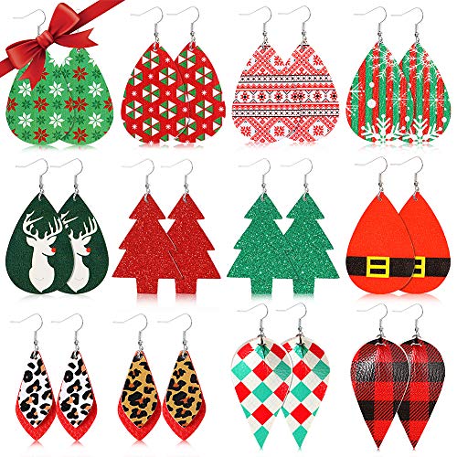 Pendientes de piel sintética para mujer, diseño de lágrima, árbol de Navidad, ciervo, Papá Noel, leopardo, lágrima, regalo de Navidad