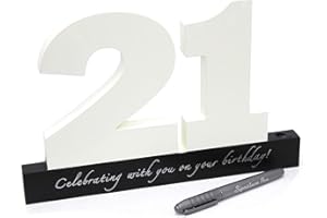 Carousel Home and Gifts Birthday signature plaque, signature numbers 21 birthday keepsake ~ White wooden number blocks with pen included, happy 21st birthday plaque, guest book sign
