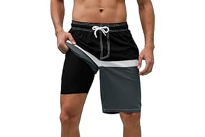 Arcweg Mens Swimming Shorts Long Swimming Trunks with Compression Liner 2 in 1 Swim Trunks with Zipper Pockets Quick Dry Men's Swim Shorts Double Layer