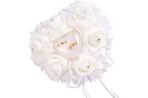 Anseom Herzform Rose Ringkissen 19x18 cm Romantische Ehering Kissen mit Strass Satinband Romantische Rose Hochzeit Ringkissen für Heiratsantrag, Verlobung, Hochzeit Valentinstag（Weiß）