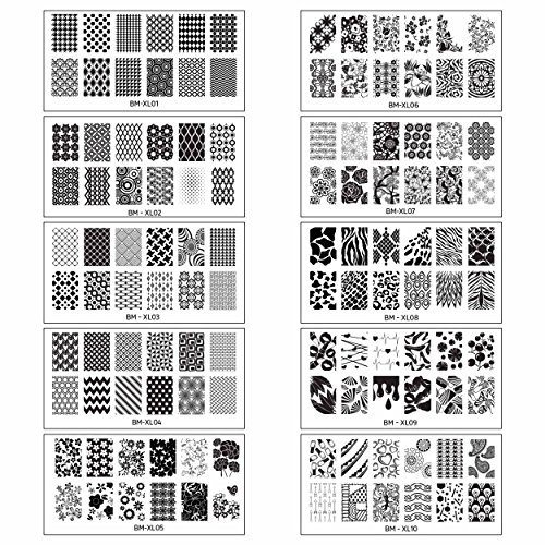 Bundle Monster 10pc Extra Large Full Nail Art Retangular Shape XL Stamping Plates, Set 1: 1-10