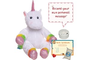 TEDDY TASTIC Recordable Teddy Bear - Rainbow the White Unicorn 16" (40cm) Plush | Baby Heartbeat Bear Gift | Record a Personalized 10 Second Message | Birth Certificate Included