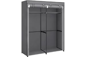 SONGMICS Clothes Wardrobe, Portable Fabric Wardrobe with 2 Hanging Rails, Foldable Canvas Closet for Bedroom, 140 x 43 x 174 cm, Grey RYG02GY