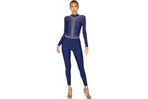 YiZYiF Donna Balletto Body da Danza Tuta Intera Ginnastica Artistica Strass Bodysuit Pattinaggio Catsuit Manica Lunga Jumpsuit Leotard Dancewear