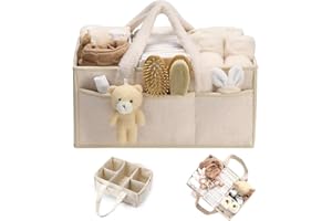 AVCXEC Panier Rangement Bébé, Portable Panier De Rangement Bebe, Organisateur Table a Langer Bebe, Compartiment Amovible, pour Commode à Langer, Anneau de Dentition, Couche, Meilleur Cadeau (Blanc)