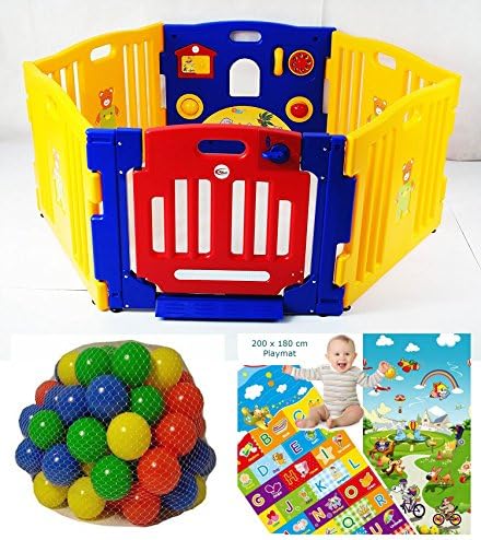 Playpens For Babies 130cm (51 inches) 6 Panels / Includes Soft Foam Colourful Reversible Nonslip Playmat &amp; 100 Coloured Balls / International Shipping