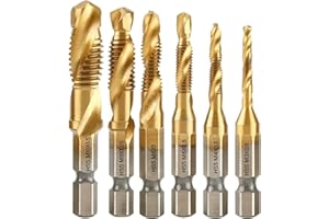 ZFYQ Brocas para Rosca HSS Macho de Roscar, Vástago Hexagonal de 1/4" HSS Tornillo Manual, Métrico, Tornillos de Taladro, 6 Piezas