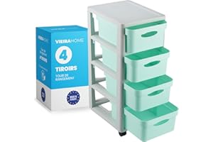 VIEIRA HOME Tour de Rangement Plastique 4 tiroirs | Meuble Rangement à Tiroirs en plastique sur roulettes caissons | Tiroir Rangement bac plastique verte boite - Fabriqué en Europe