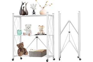 Svkiyang Foldable Storage Shelf Unit on Wheels Large Capacity (No Assembly) Heavy Duty Steel 5-Shelving Organizer Rack for Kitchen, Garage and Laundry Bathroom Tool Organization (3, White)