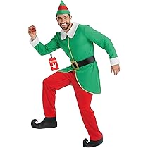HodJIU Costume Lutin Noël Femme Déguisement Elfe Noël Adulte Ensemble Robe Rouge Vert + Ceinture + Chapeau + Chaussures Tenue De Fête Noël (Vert 5pcs