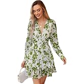 Leriya Fashion Women’s V-Neck Floral Print Ruffle Long Sleeve A-Line Mini Dress | Elegant Casual Party Outfit | Lightweight L