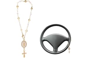Lyreh Chapelet Voiture, Chapelet Retroviseur Doré avec Breloque Vierge Marie et Crucifix Décoration Intérieure de Voiture Cadeau Délicat pour Femmes et Hommes Catholiques