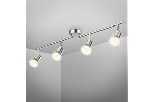 B.K.Licht plafonnier LED 4 spots pivotants & orientables, inclus 4 ampoules LED 2,9W GU10, barre spots plafond salon salle à manger cuisine couloir, 2 bras tournants, lumière blanche chaude