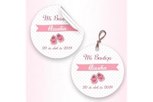Etiquetas Personalizadas para Bautizo de Niña con zapatos rosa de 5cm Adhesivas o Cartulina con Cordón. Etiquetas Personalizadas. Etiquetas para Bautizo. Etiquetas para Detalles.