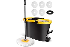 Myiosus Spin Mop – Set di mocio e secchi con strizzatore e pedale, mocio in microfibra per la pulizia di pavimenti in legno duro e laminato, con 5 cuscinetti riutilizzabili, manico telescopico da