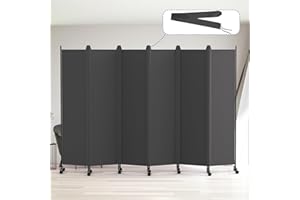 Kokorona 6 Panel Room Divider, 6FT Tall Rolling Privacy Screen with Lockable Wheels, Folding Wall Dividers Portable Room Divider for Room Separation, Included - Cover Strips, Grey, W 302 x H 178 cm