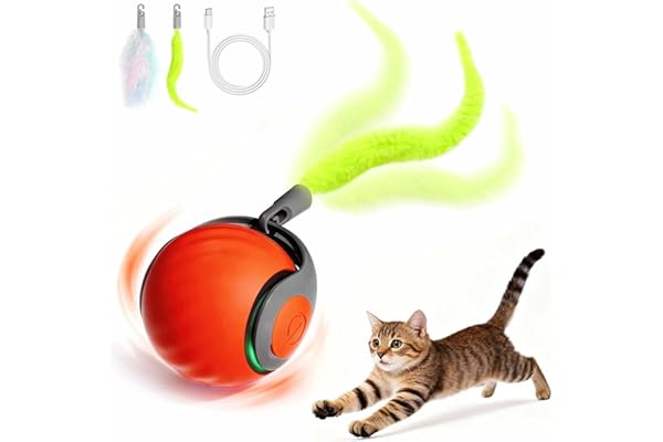 Speedy Tail – Jouet interactif intelligent pour chat d'intérieur avec queue de plume, balle mobile rechargeable à 2 vitesses pour chats d'intérieur ennuyés, jouet à bille roulante activée par le