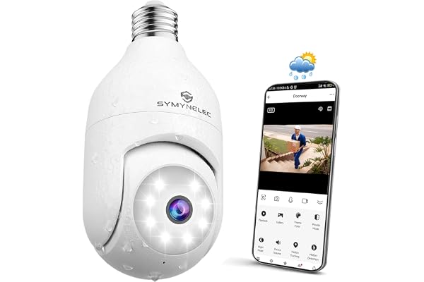 SYMYNELEC Caméra Surveillance Ampoule Extérieure Étanche, Caméra WiFi sans Fil 2,4 GHz, Caméra Sécurité Intelligente 2K avec Vision Nocturne Couleur, Détection Mouvement Humain, Compatible avec Alexa