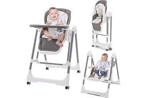 ARK MIIDO Foldable Highchair, 3-in-1 Baby Rocker with Harness, with 4 Lockable Wheels, 5 Recline Positions, Adjustable Feeding Chair for Babies & Toddlers 6 Months to 3 Years