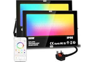 Lighting master LED Floodlight 80W Equivalent 8000LM, Smart RGB Flood Lights Outdoor with APP Control, Colour Changing + Warm White, Timing - Scene - Garden Lighting, IP66 Waterproof, UK Plug（2 Packs