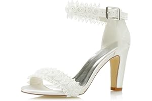 JIAJIA 5471A aux Femmes Chaussures de mariée Bout Ouvert Bloc 8,5cm Talon Dentelle satinée des Pompes des Sandales Chaussures de Mariage