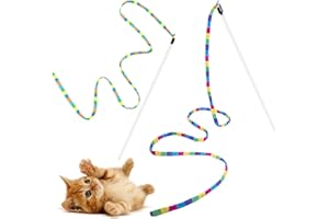 FYNIGO Interactive Cat Rainbow Wand Toys for Indoor Cats Adult and Kitten,Extended Colorful Cat Teaser Wand String Plush Toy,Original Product Strong and Sturdy Pole with Bells(2 Pack)