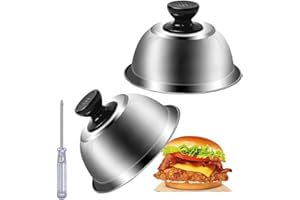 DIKEBAO Stainless Steel Burger Caps Set of 2 Burger Cover 16 x 9 cm Burger Cloche Bell Set with Anti-Scald Handle Perfect for Grilling, Stovetop Cooking Patties, Grilling Cheese, Cheese Melt