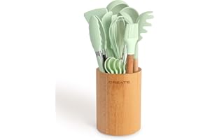 CREATE/Set de utensilios verde y madera / 11 utensilios, silicona y madera de haya, libres de BPA, resistente al calor hasta 230°C