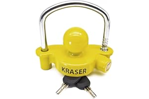 KRASER KR815 Trailer Coupler Lock, Anti-Picking Anti-Drilling Curved High Security Key, Heavy Duty Reinforced Steel, Bright Yellow More Deterrent, Adjustable Storage Security, Trailer Locks Ball Hitch