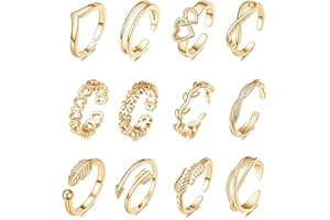 WUMZIRA 12 piezas Juego Anillo Pie con Punta Abierta para Mujer y Niñas Anillo Ajustable Simple para Nudillos Anillos de Pies Joyería para Pies(Gold)